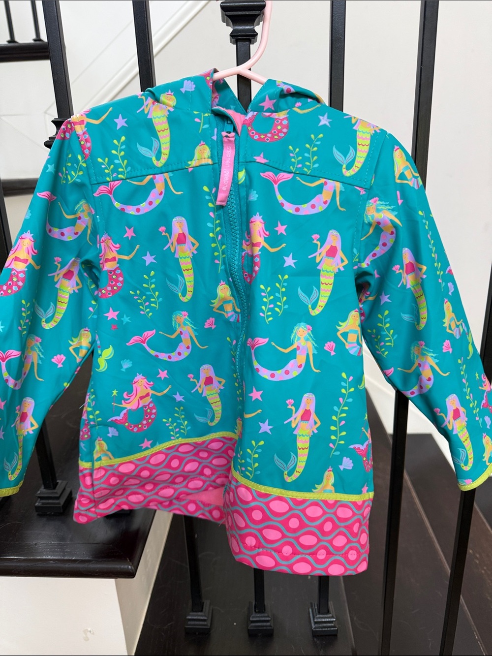 Girls Teal Mermaid Hooded Swim Rashguard with Pink Trim